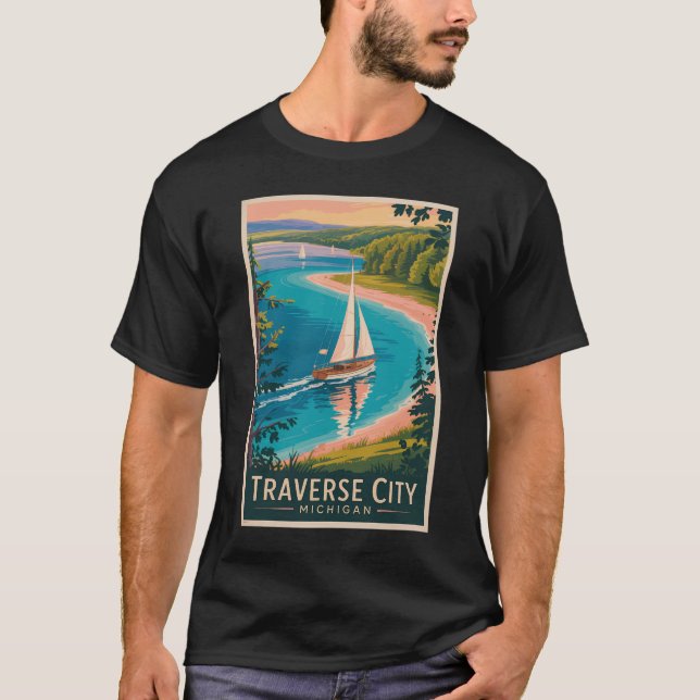 Traverse City Michigan Illustration Travel Art  T-Shirt (Front)