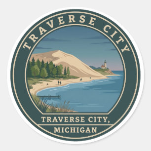 Traverse City Michigan Retro Sand Dunes Lighthouse Classic Round Sticker