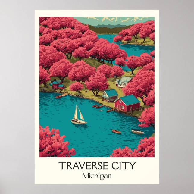 Traverse City Michigan Vintage Cherry Blossom Art Poster (Front)