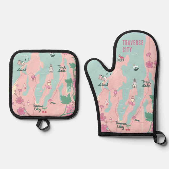 Traverse City Michigan Wine and Cherry Map Oven Mitt & Pot Holder Set (Front)