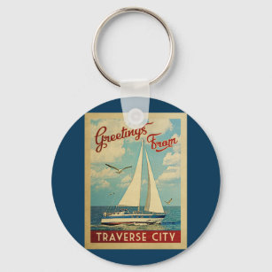 Traverse City Sailboat Vintage Travel Michigan Key Ring