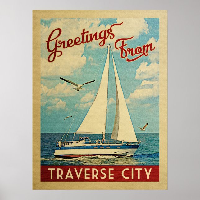 Traverse City Sailboat Vintage Travel Michigan Poster (Front)