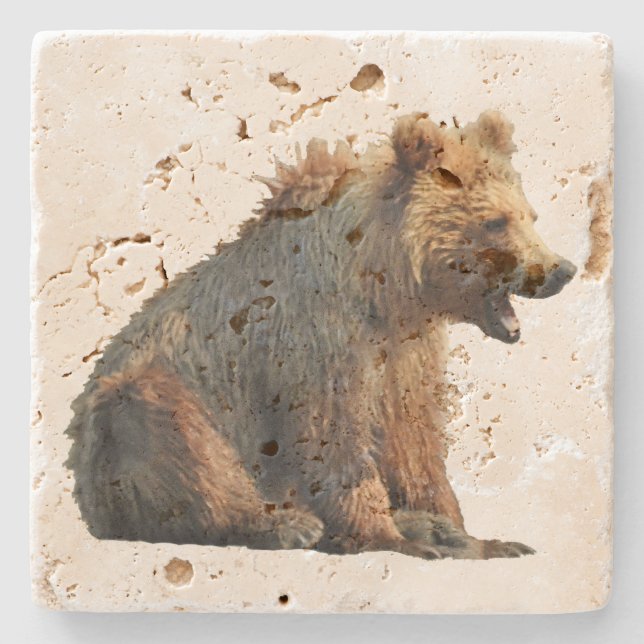 Travertine stone coaster w/ grizzly bear cub (Front)