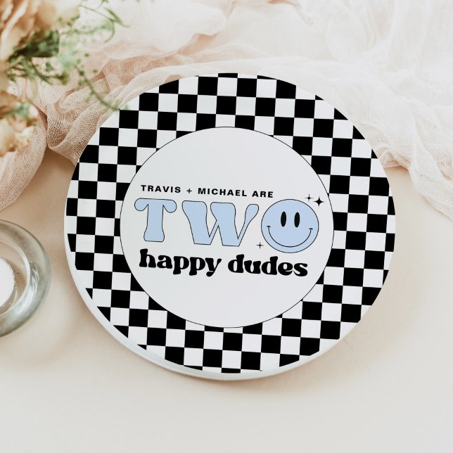 TRAVIS Blue Two Happy Dudes Smile Face Birthday Paper Plate (Creator Uploaded)
