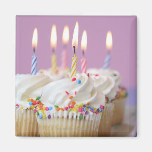 Tray of birthday cupcakes with candles magnet