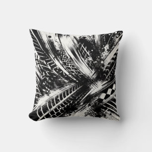 Tread & Chaos – Abstract Black-and-White Tire Trac Cushion