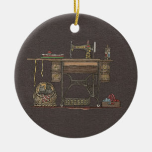 Treadle Sewing Machine & Kittens Ceramic Tree Decoration