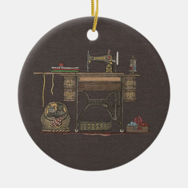 Treadle Sewing Machine & Kittens Ceramic Tree Decoration (Front)