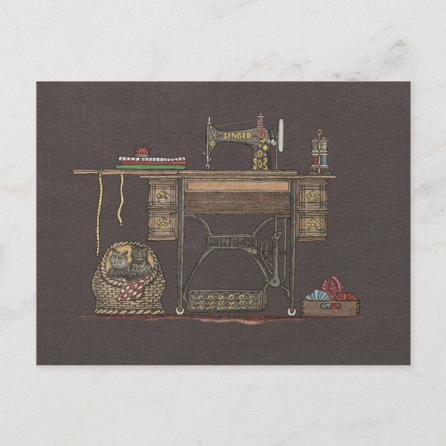 Treadle Sewing Machine & Kittens Postcard (Front)