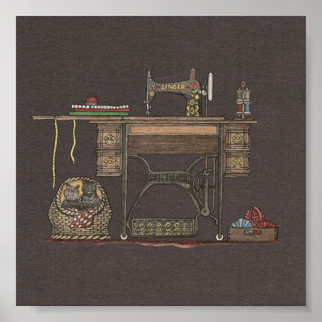Treadle Sewing Machine & Kittens Poster (Front)
