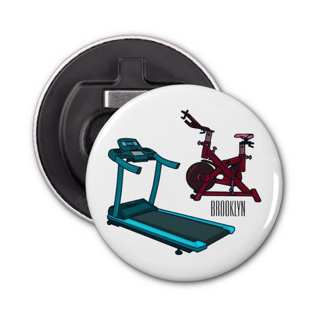 Treadmill & spinning bike cartoon illustration bottle opener (Front)