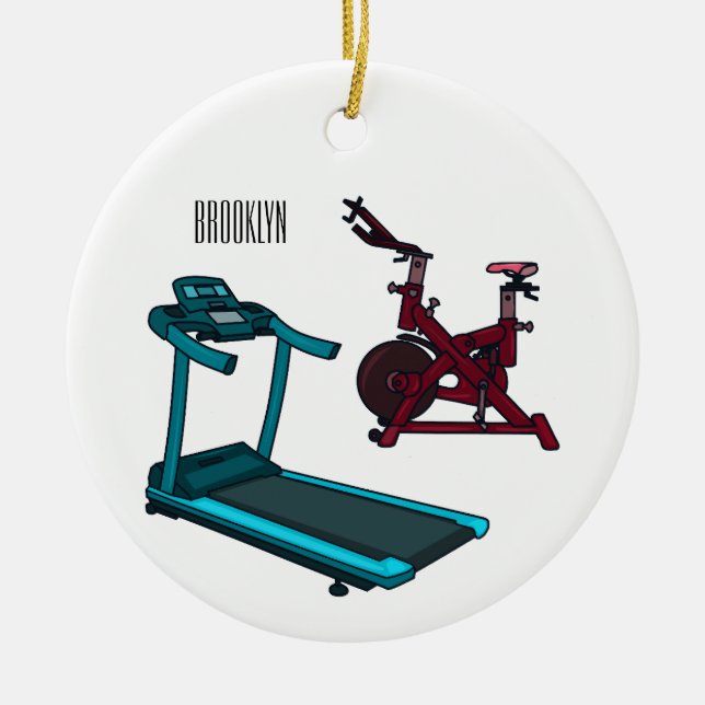 Treadmill & spinning bike cartoon illustration ceramic ornament (Front)
