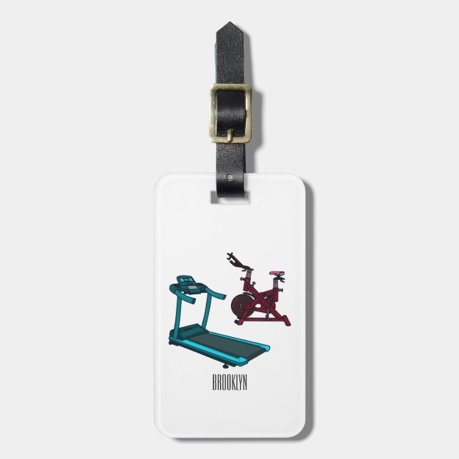 Treadmill & spinning bike cartoon illustration luggage tag (Front Vertical)