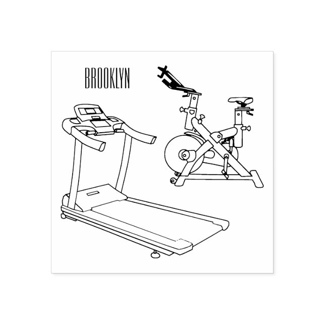 Treadmill & spinning bike cartoon illustration rubber stamp (Imprint)