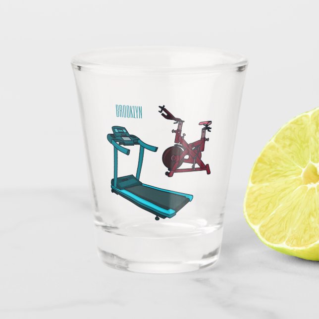 Treadmill & spinning bike cartoon illustration shot glass (Front)