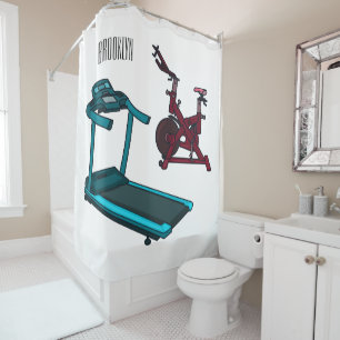 Treadmill & spinning bike cartoon illustration shower curtain