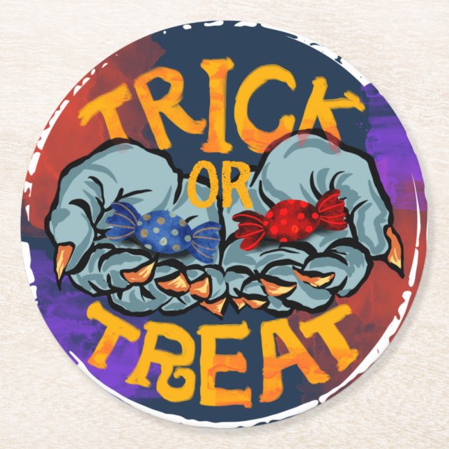 Treak or Treat Scary Halloween Pumpkin   Round Paper Coaster (Front)