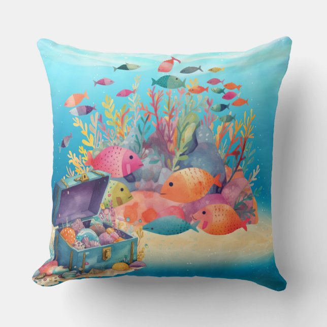 Treasure chest and fish Throw Pillow (Front)