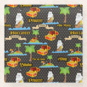 Treasure Island Palm Tree Pirate Flag Raiding Glass Coaster