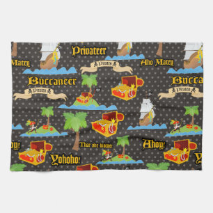 Treasure Island Palm Tree Pirate Flag Raiding Tea Towel