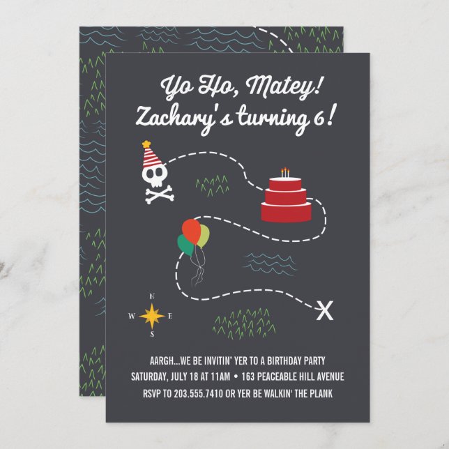 Treasure Map Birthday Invitation, Pirate Card (Front/Back)