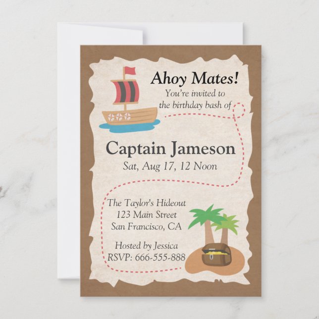 Treasure Map, Pirate Theme Birthday Party Invitation (Front)