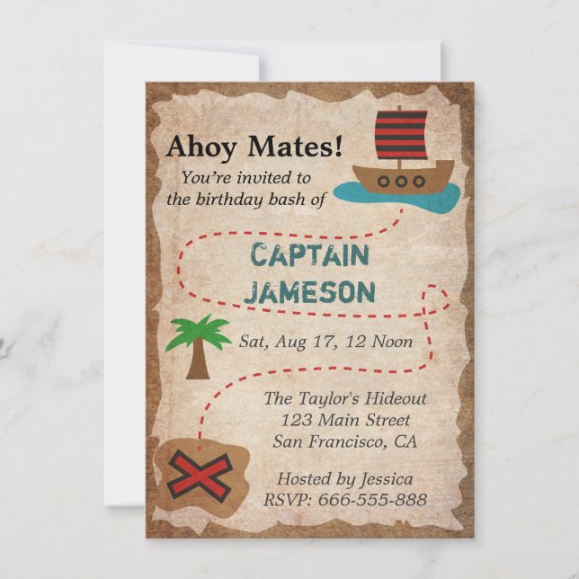 Treasure Map, Pirate Theme Birthday Party Invitation (Front)
