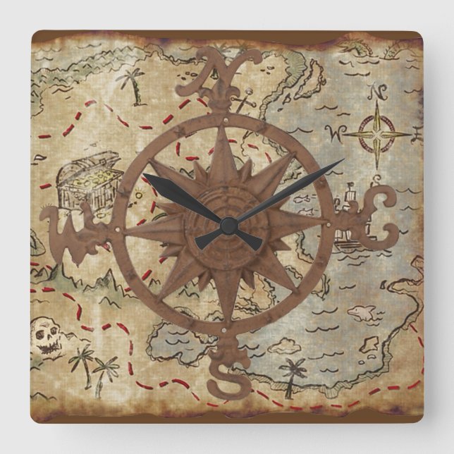 Treasure Map Square Wall Clock (Front)