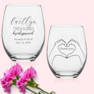 "Treasured Bridesmaid" Gift - Custom Heart Hands Stemless Wine Glass