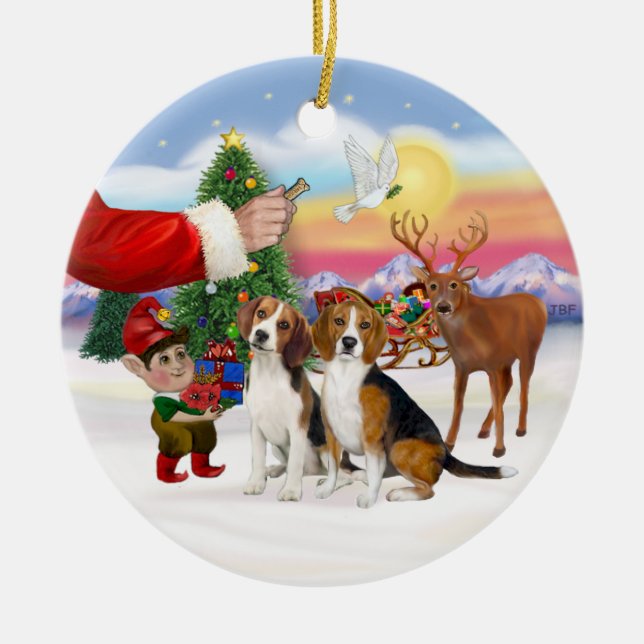 Treat for Two Beagles Ceramic Tree Decoration (Front)
