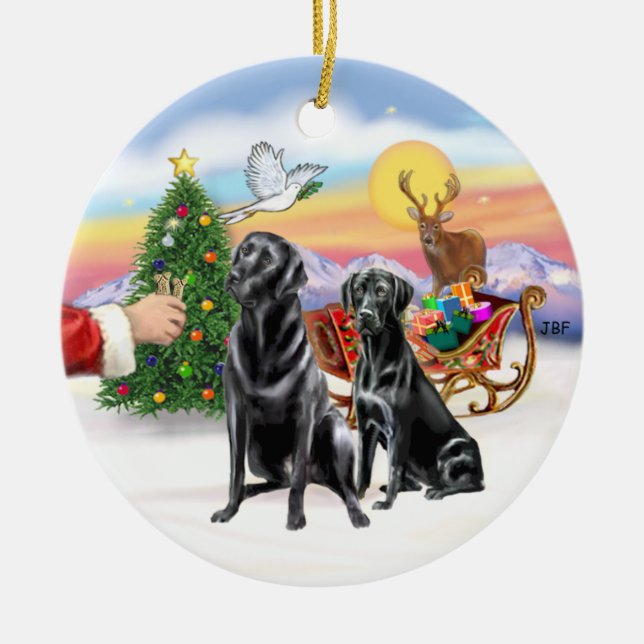 Treat for two Black Labradors Ceramic Ornament (Front)