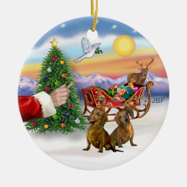 Treat for Two Dachshunds (red/brown) Ceramic Ornament (Front)
