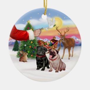 Treat for Two Pugs (fawn + black) Ceramic Tree Decoration