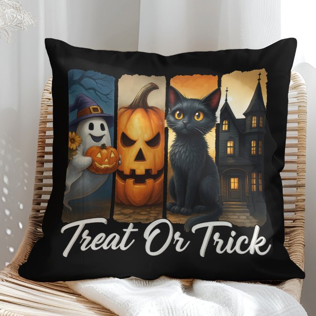 "Treat or Trick" Halloween Brush Stroke Cat Cushion ("Treat or Trick" Halloween Brush Stroke Cat Throw Pillow on a sunny boho rattan chair.)