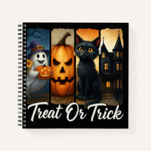 "Treat or Trick" Halloween Brush Stroke Cat Notebook