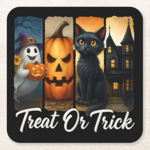 "Treat or Trick" Halloween Brush Stroke Cat Square Paper Coaster