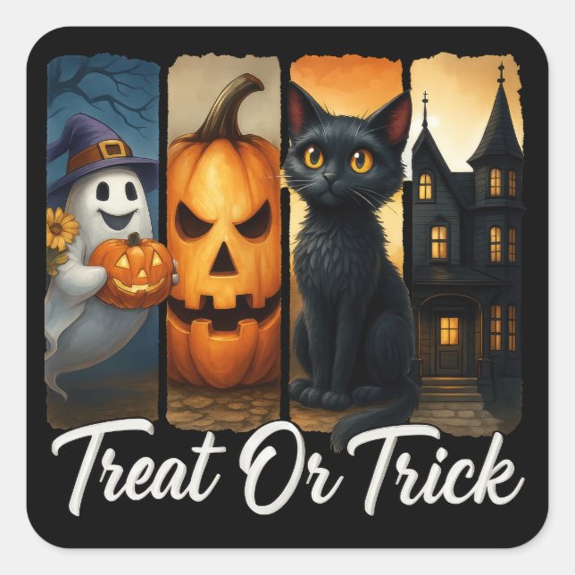 "Treat or Trick" Halloween Brush Stroke Cat Square Sticker (Front)