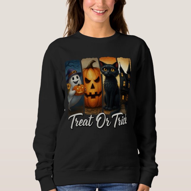 "Treat or Trick" Halloween Brush Stroke Cat Women Sweatshirt (Front)