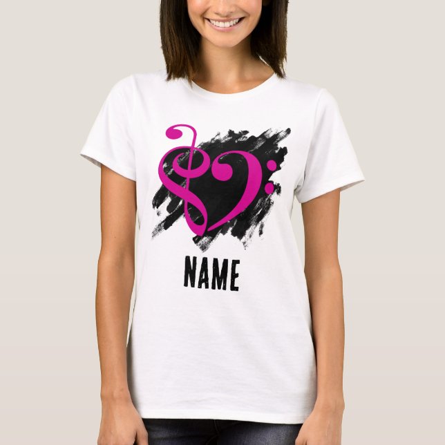 Treble and Bass Clef Heart Fuchsia Customisable T-Shirt (Front)
