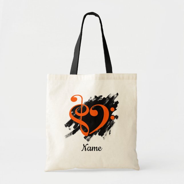 Treble and Bass Clef Heart Orange Customisable Tote Bag (Front)