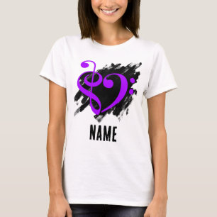 Treble and Bass Clef Heart Purple Customisable T-Shirt