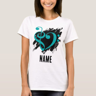 Treble and Bass Clef Heart Turquoise Customisable T-Shirt