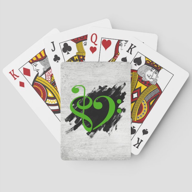 Treble and Bass Clef Musical Heart Green Playing Cards (Back)