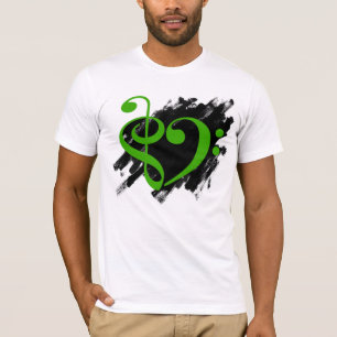 Treble and Bass Clef Musical Heart Green T-Shirt