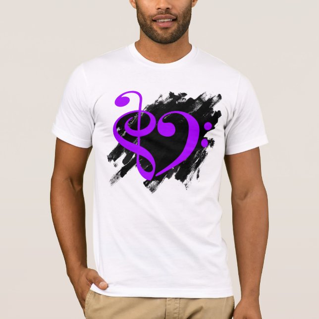 Treble and Bass Clef Musical Heart Purple T-Shirt (Front)