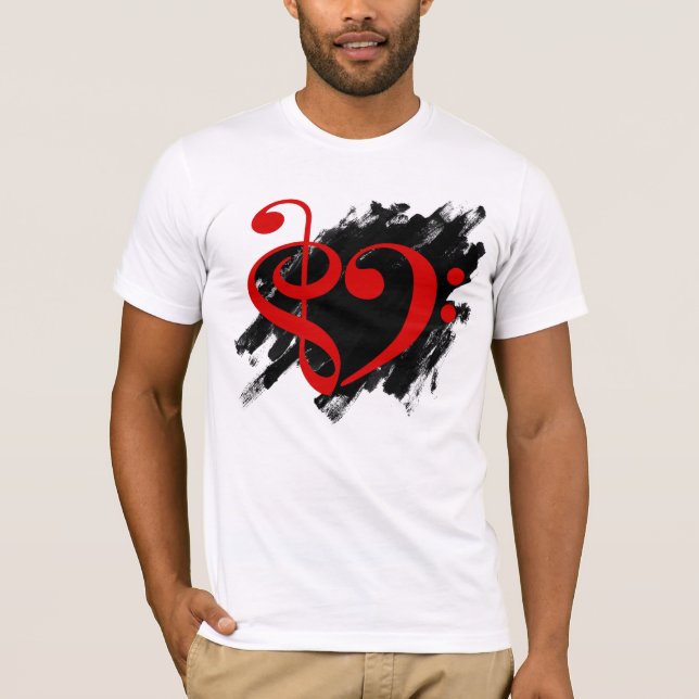 Treble and Bass Clef Musical Heart Red T-Shirt (Front)