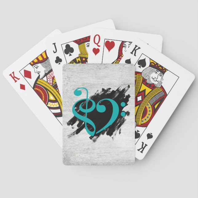Treble and Bass Clef Musical Heart Turquoise Playing Cards (Back)