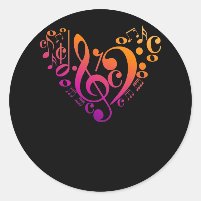 Treble Bass Clef Musical Notes Colourful Heart Classic Round Sticker (Front)