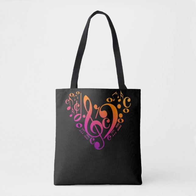 Treble Bass Clef Musical Notes Colourful Heart Tote Bag (Front)