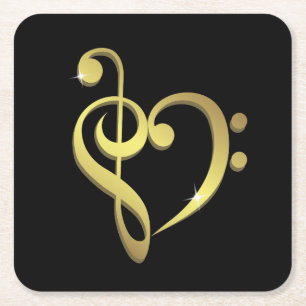 Treble clef and bass clef music heart love square paper coaster